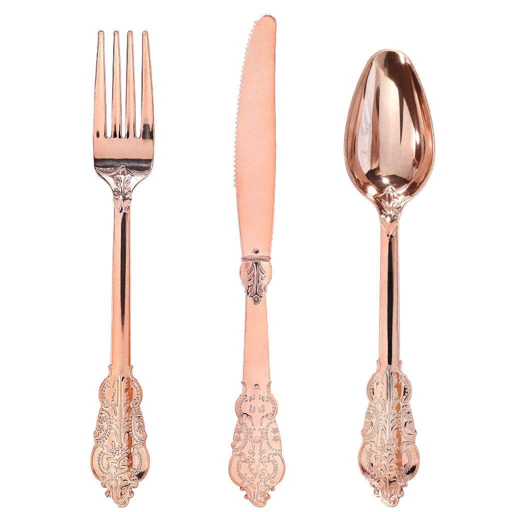 WDF-300 Pieces Rose Gold Plastic Silverware- Disposable Flatware -Heavyweight Plastic Cutlery- Includes 100 Forks, 100 Spoons, 100 Knives for Wedding/Parties/Birthday