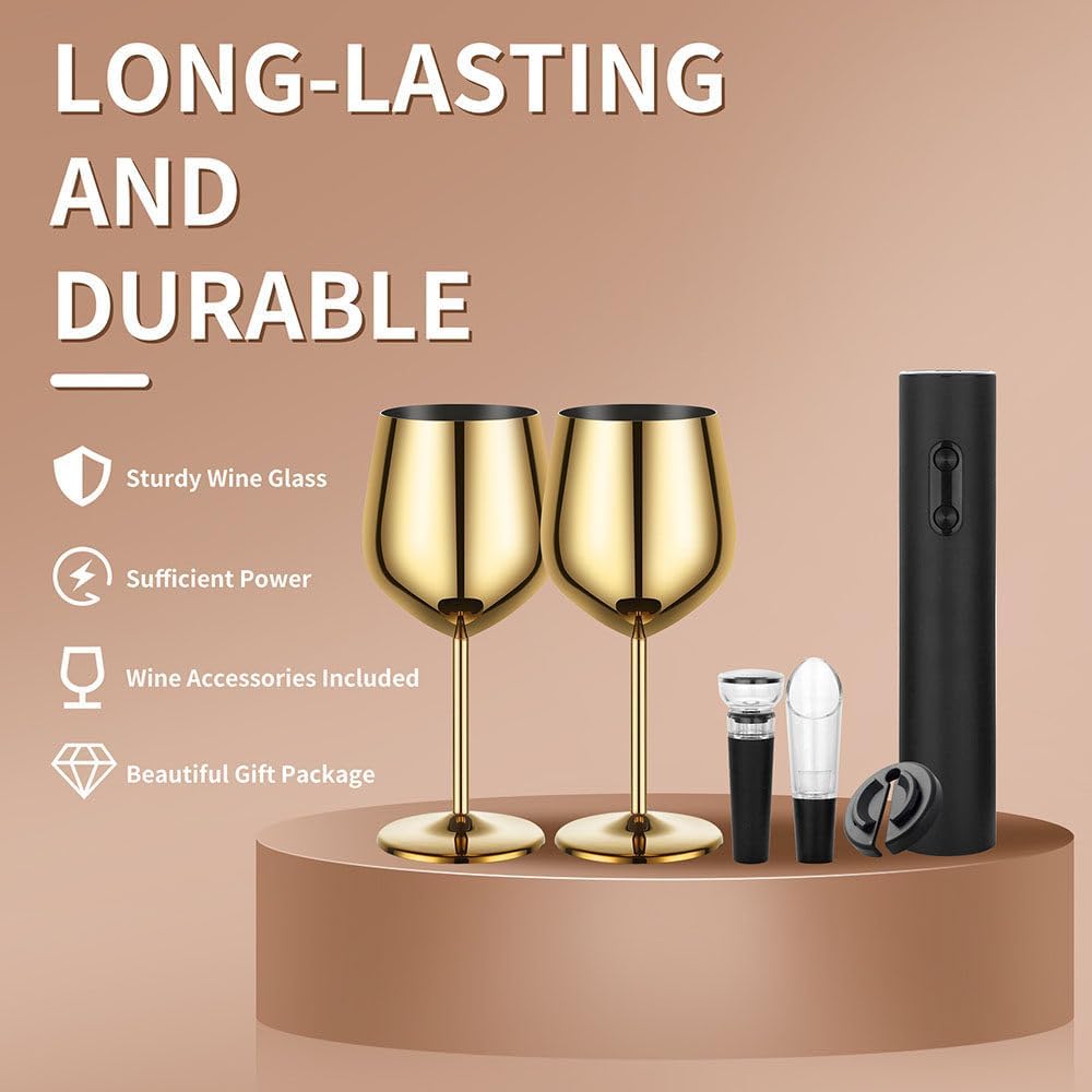 Electric Bottle Opener 6-Piece Set, Automatic Bottle Opener Set, Including 2 Stainless Steel Wine Glasses, Foil Cutter, Wine Pourer, Vacuum Wine Stopper, Gift For Wine Lovers,black