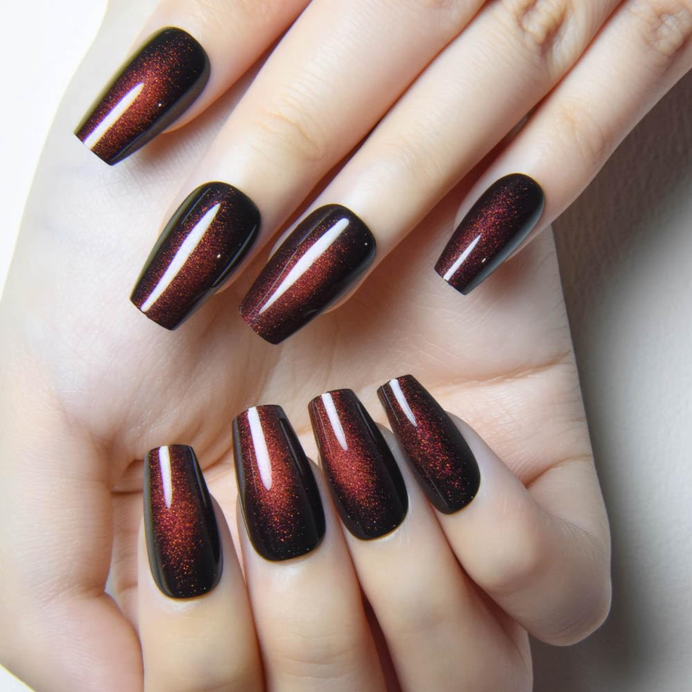 evpct Reddish Brown Cat Eye Coffin Press on Nails Square Medium, Medium Square Stick on Nails for Women Gift, Wine Red Metallic Glitter Glossy Reusable Spring Summer Gel Press on Acrylic Fake Nail