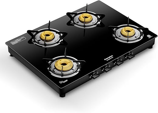 Crompton FlameStar Max 4 Burner Glass Top LPG Gas Stove | 1 Jumbo & 3 Medium Brass Burner | Max Space | Easy Cleaning | Toughened Glass| Tri Pin…