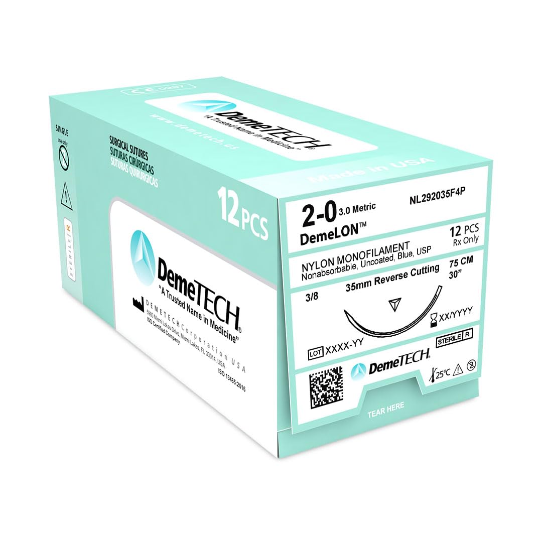 DemeLON Non-Absorbable Nylon Monofilament Suture, 35mm, 3/8 Circle, Reverse Cutting Needle, USP Size 2/0, 30 inches, (75cm), Blue