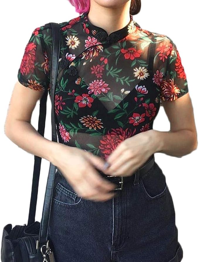 Women Floral Printed Mesh See Through 