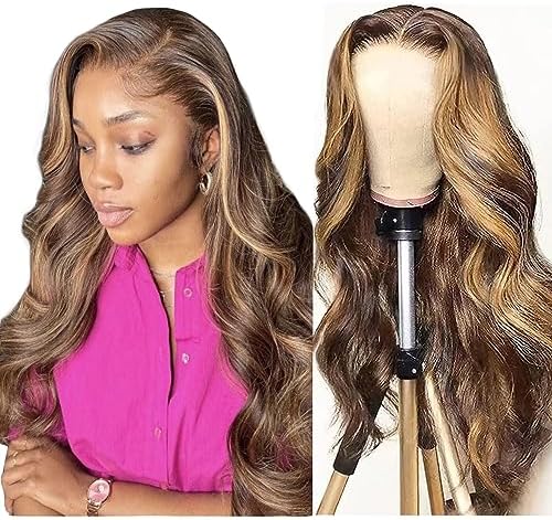 WOWQUEEN Ombre Lace Front Wig Human Hair 4/27 Highlight Honey Blonde 13x4 HD Transparent Lace Front Wigs Human Hair Pre Plucked Colored Glueless Body Wave Frontal Wigs for Women 180% Density 26 Inch