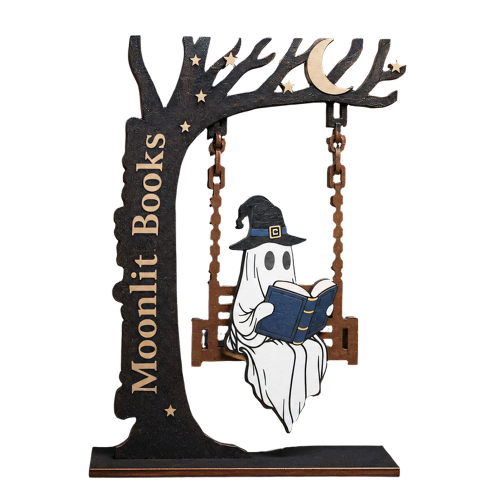 Tabletop Halloween Reading Decor, Wooden Bookish Swing Accent for Mantel Bookshelf Fall Home Styling Display Indoors Wooden Halloween Decor Reading Figure Bookshelf Ornament Tabletop Accent Fall Book