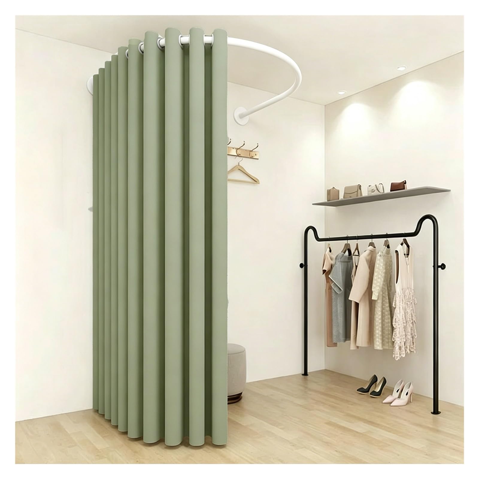 ZJKXJH Boutique Fitting Room Partition Curtain Rod, Wall Mount U Shaped Heavy Duty Curved Rail for Clothing Store, Privacy Partition Curtain Rod(With B Curtains,White Rod 110cm/43.3in)