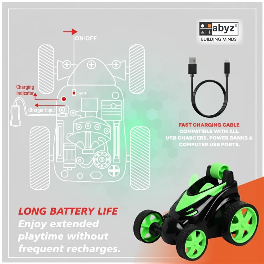 Image of abyz 360 Rotating RC Stunt Car - LED Lights, Sound, Off-Road Remote Control Vehicle for Kids and Adults (Green)
