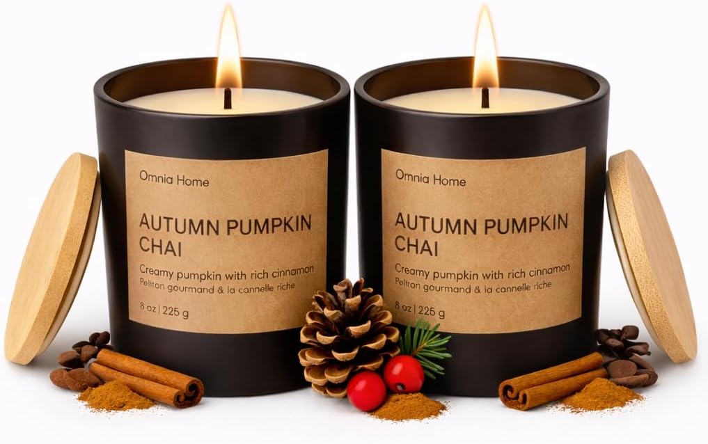 Winter Scented Soy Wax Candle – Spiced Candles for Home Scented with Notes of Cinnamon, Pumpkin Cream & Soft Wood Notes – Seasonal Home Decor & Gift (Autumn Pumpkin CHAI, Black, 2 Pack)