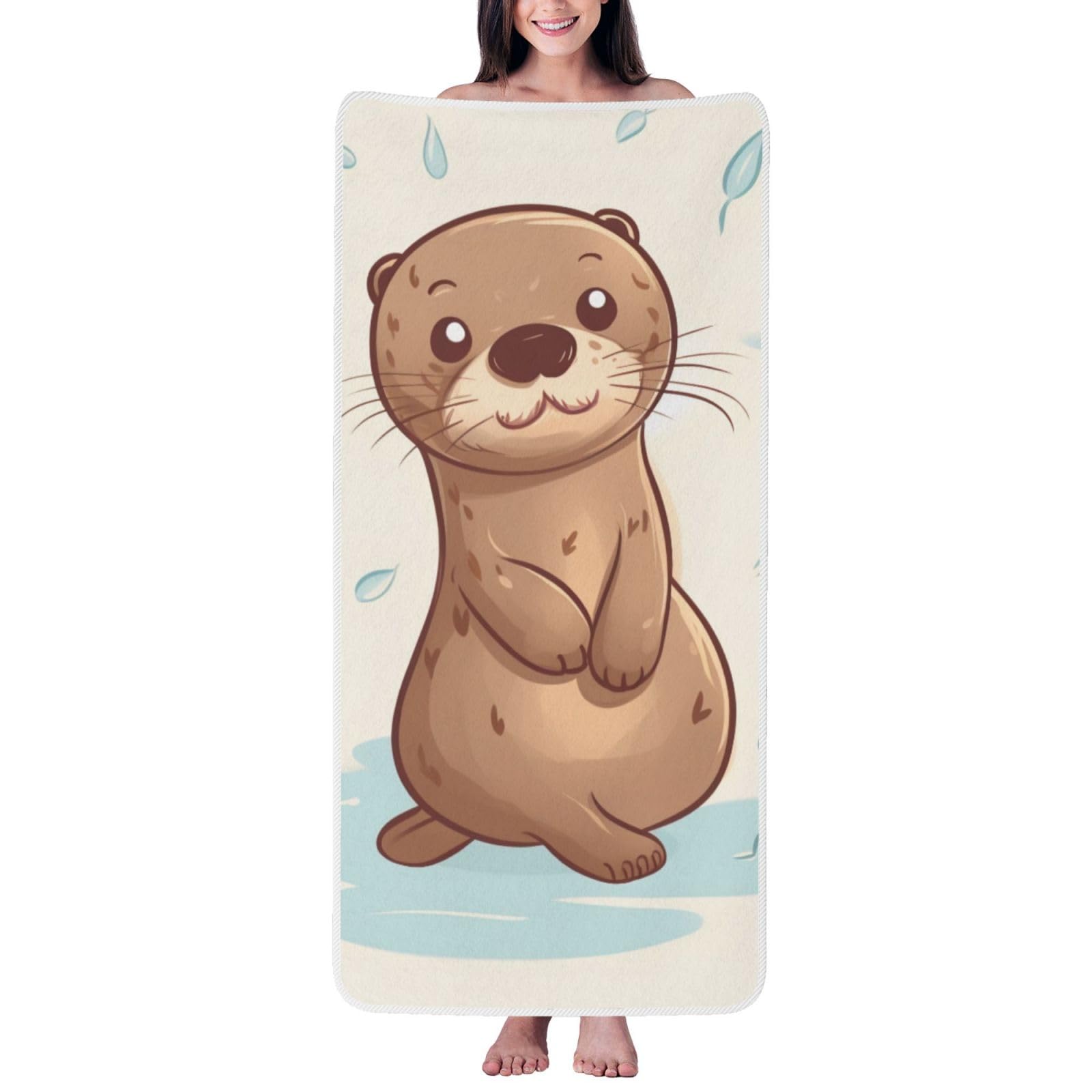 WPKJU Cartoon Cute Otter Printed Bath Towel with White Edging - 27x55 in Soft Extra Absorbent Coral Velvet Shower Towels for Bathroom