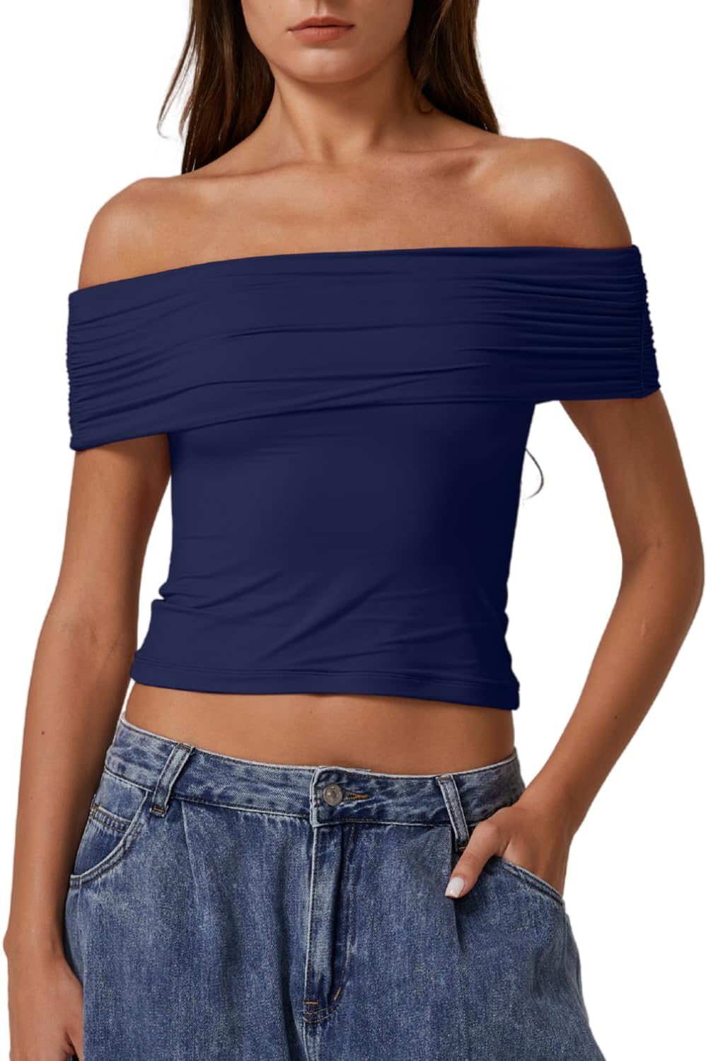 QINSEN Womens Off The Shoulder Tops Double Lined Short Sleeve T Shirts Slim Fitted Stretchy Crop Top