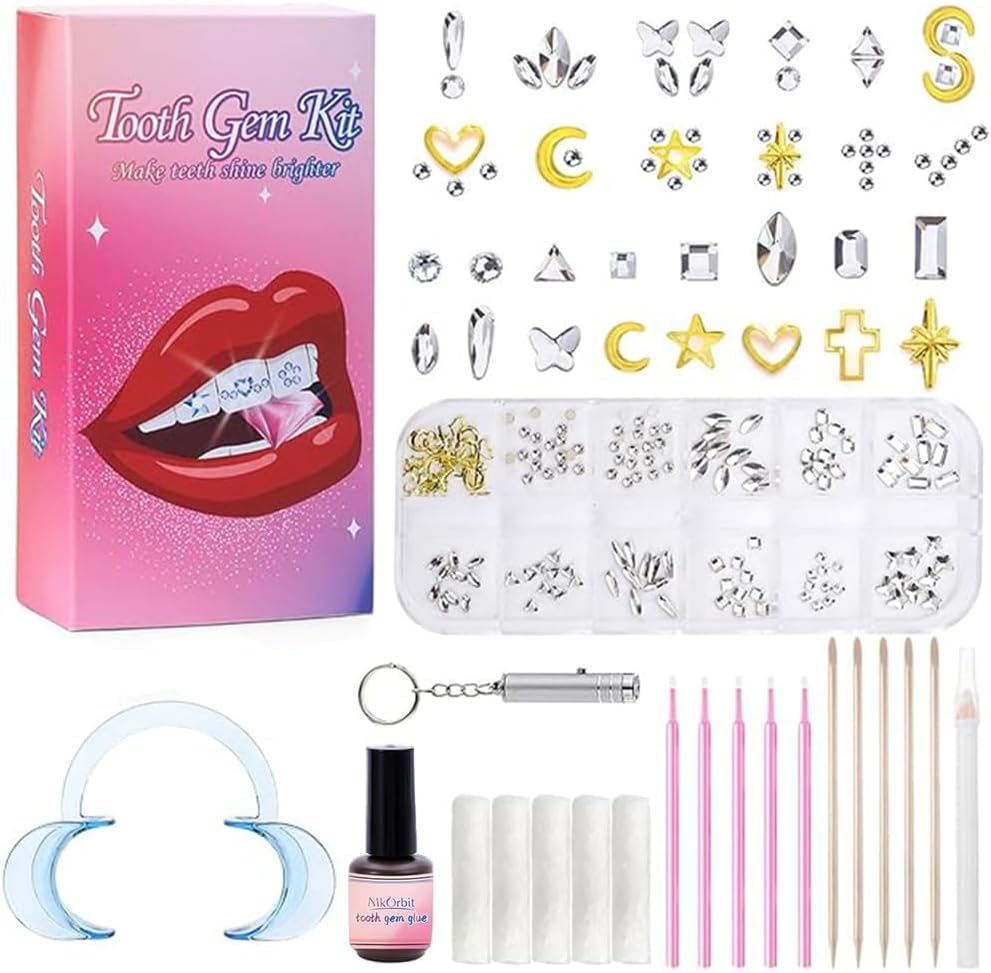 Tooth Gems Kit Fashionable, DIY Teeth Jewelry with Shiny Crystals,12+ Shapes, Temporary Teeth Gems Kit, Gold and Silver