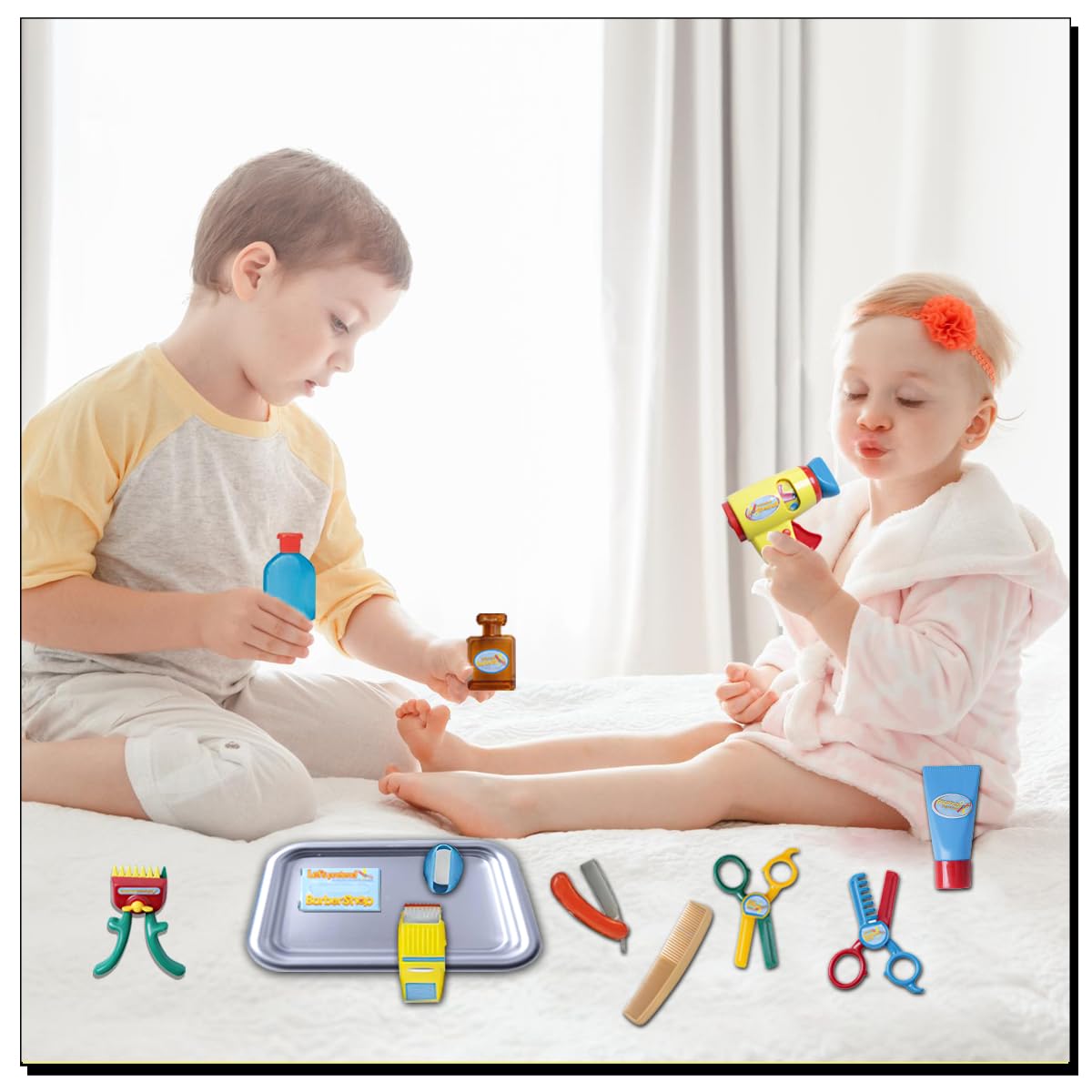 Boys Girls Pretend Play Barber Set Stylist Hairdresser Role Play Hair Dryer Scissors Beauty Play Set and Accessories