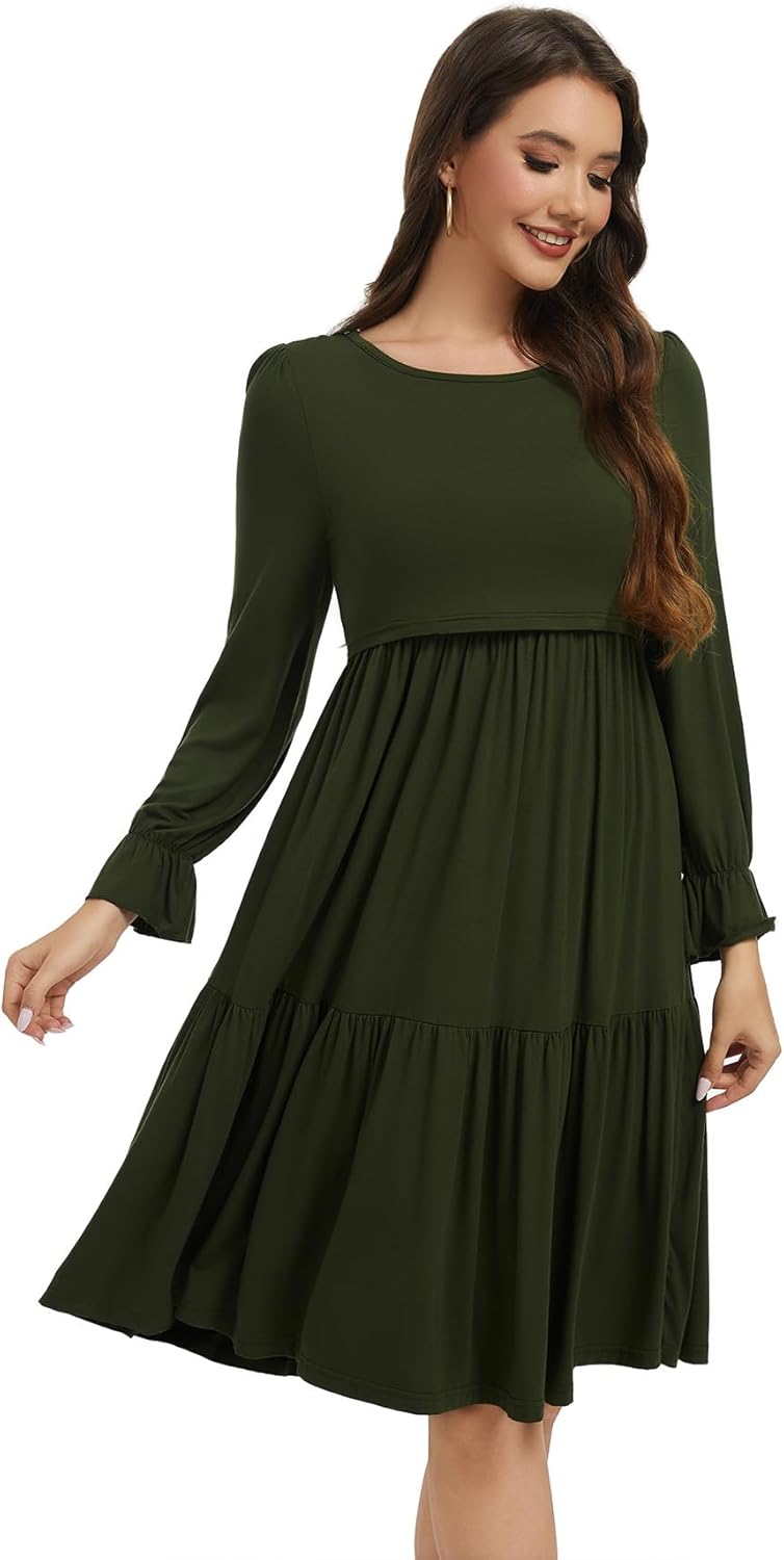 Smallshow Women's Maternity Nursing Dress Long Sleeve Ruffle Breastfeeding Clothes - Image 4