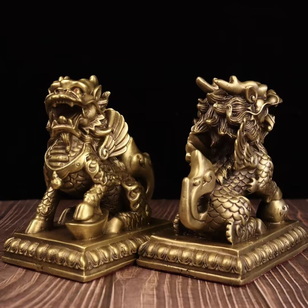Dytartzx Chinese Feng Shui Fortune Unicorn Pair of Statues, Home Office Good Luck Wealth Success