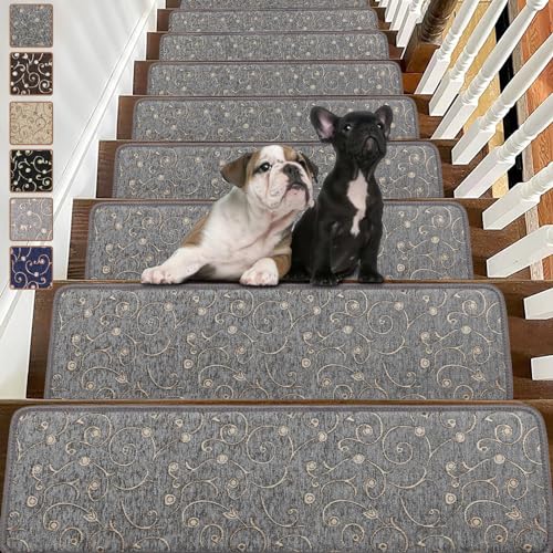 Stair Treads Non Slip,15-Pack 30inX8in Stair Runners Carpet Mats Stair Treads for Wooden Steps Indoor,Peel and Stick Stair Rugs with Reusable Adhesive for Kids and Dogs,Grey 15PCS Grey 15