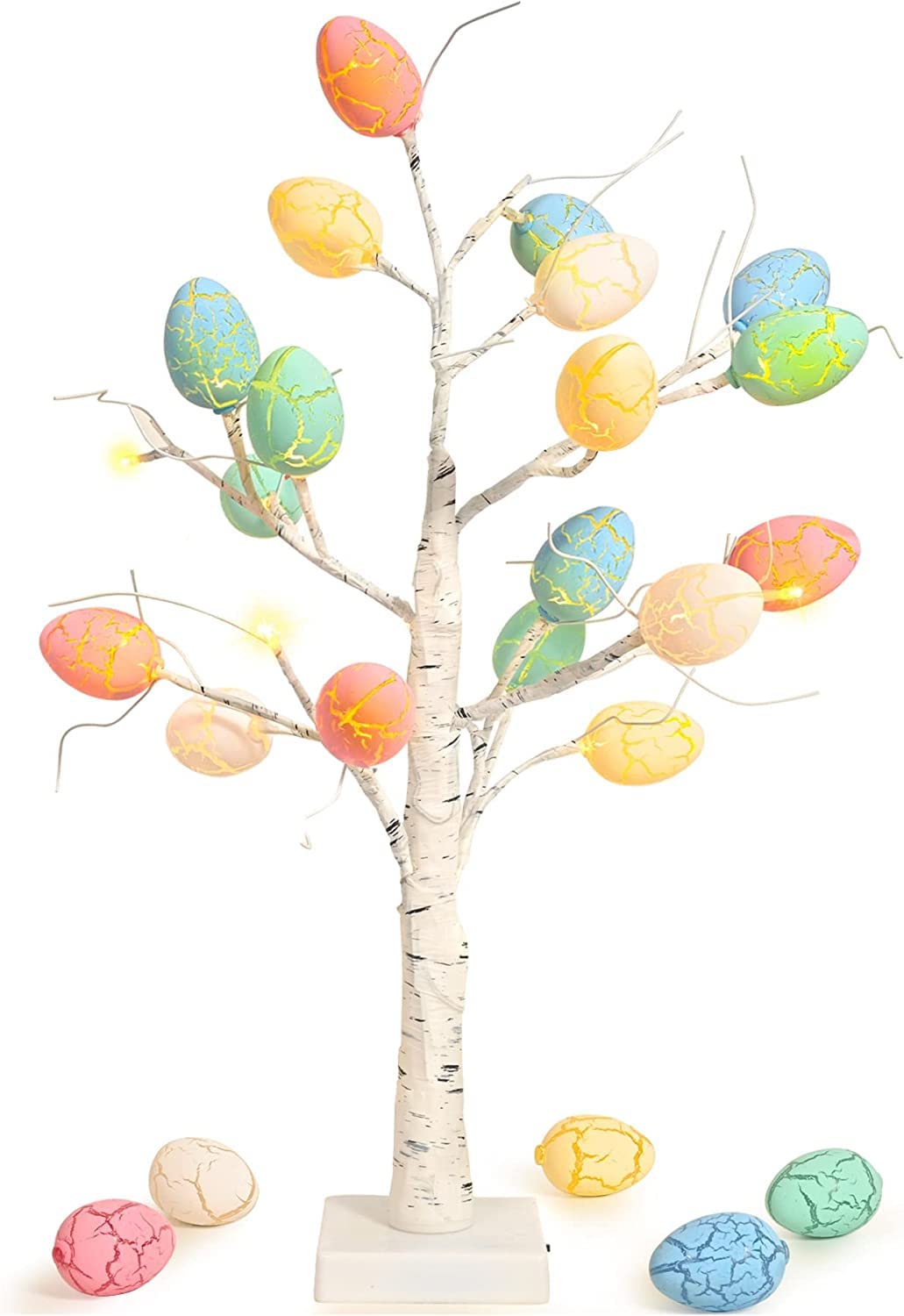 Easter Decorations 24 Inch Pre-lit White Birch Tree With Egg Ornaments, Battery Operated 24 Warm White LED Lights Table Centerpiece for Home Spring Holiday Decorations (Dinosaur Eggs)