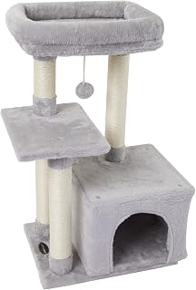 FISH&NAP Cute Grey Cat Tree for Kittens - Indoor Tower with Sisal Scratching Posts, Jump Platform, Cozy Condo & Play House