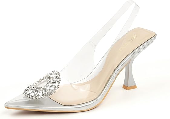 JENN ARDOR Clear Heels for Women Slingback Pointed Closed Toe Heels with Rhinestones 3 inch Comfortable Stiletto Sandals Pumps Wedding Party Dress Shoes