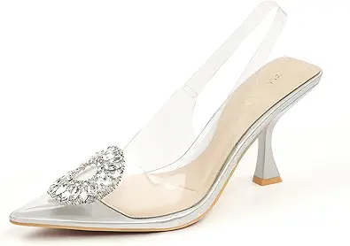 JENN ARDOR Clear Heels for Women Slingback Pointed Closed Toe Heels with Rhinestones 3 inch Comfortable Stiletto Sandals Pumps Wedding Party Dress Shoes