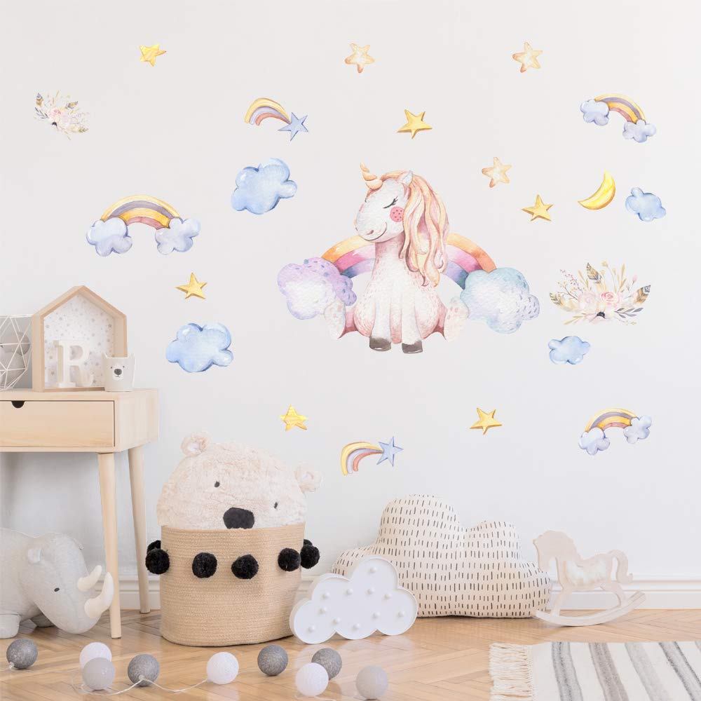 Alwayspon Kids/Girls Room Cute Unicorn Cloud Star Wall Sticker, Removable Watercolor Wall Decals, Peel and Stick Wall Art Murals for Home Nursery Decoration Living Room Decor