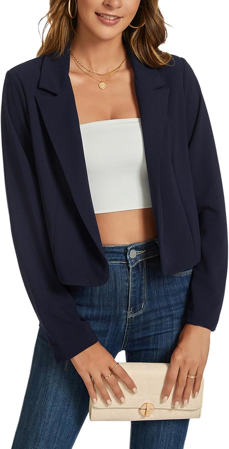 MINTLIMIT Cropped Blazer for Women Long Sleeve Notched Lapel Short Blazers Open Front Casual Work Office Blazer Suit Jacket, Navy Blue - Image 4