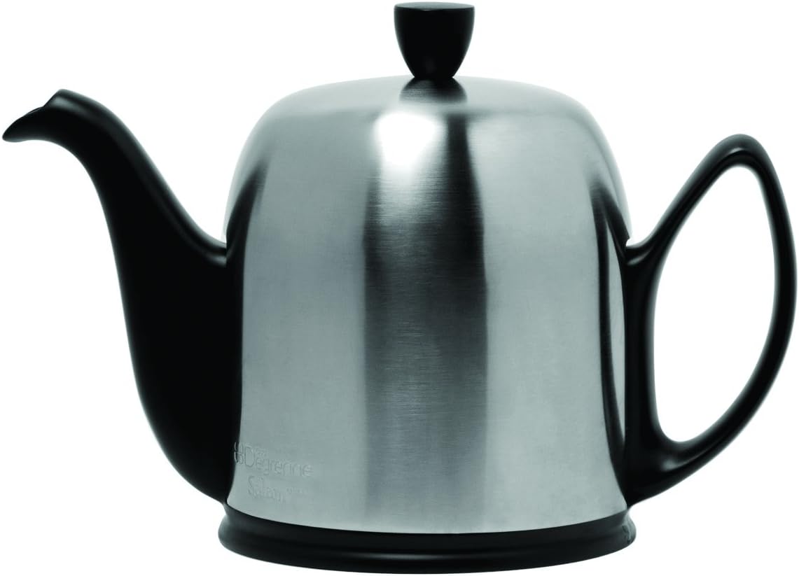 Degrenne Salam Luxury French Tea Pot - Porcelain Teapot with Stainless Steel Cover, Ceramic Tea Kettle for Loose Tea, Removable Infuser, 4 Cup Capacity, 24oz - Black