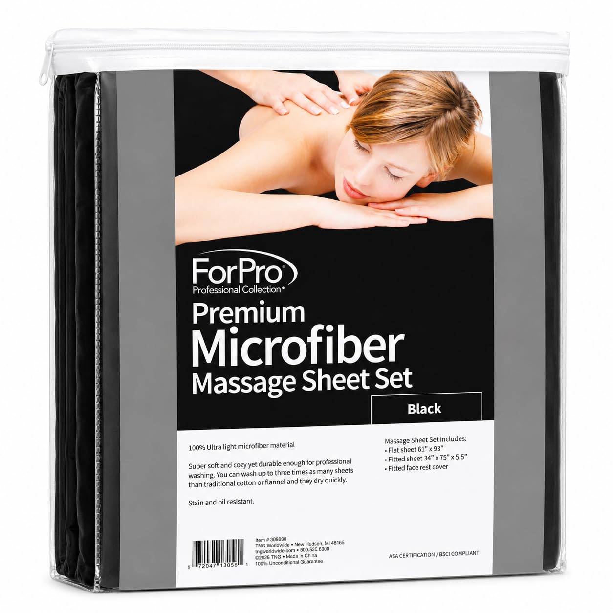 ForPro Parure de lit 3 pièces Microfibre pour Table de Massage, Drap Plat, Drap-Housse, Housse Repose-Visage, Noir