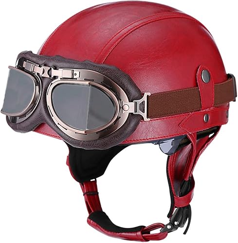 Medio casco vintage de cuero para motocicleta para hombres y mujeres adultos, para scooter, bicicleta, crucero, con gafas y lente solar desplegable