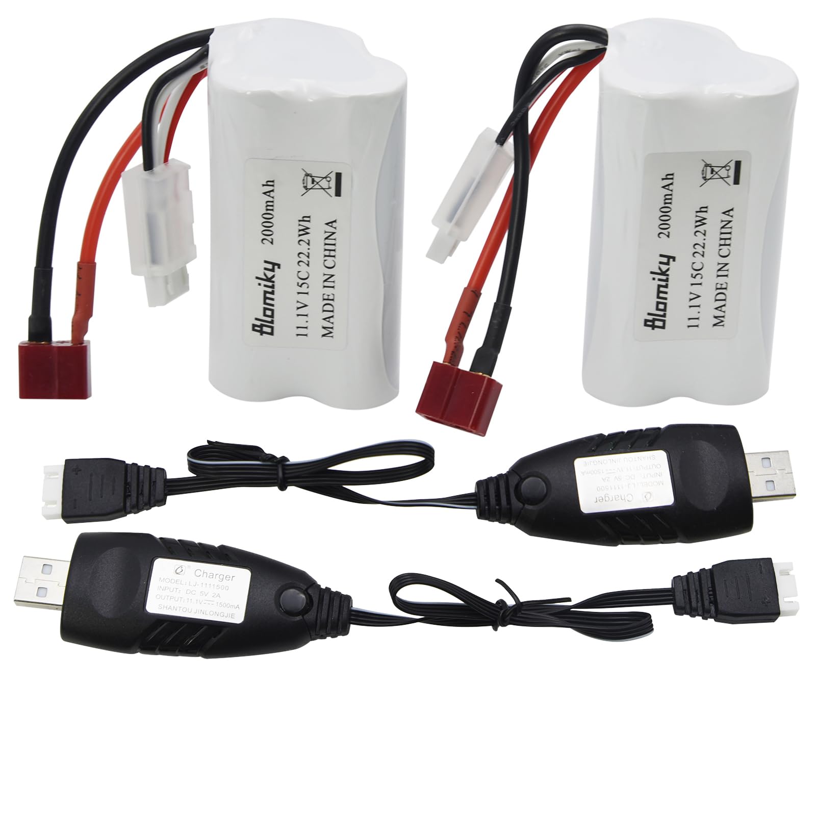 Blomiky 2 Pack T Plug 11.1V 3S 15C 2000mAh 22.2Wh Lithium-ion Battery and Charger Cable Suitable for 2104 and R608 RC Boat / R608 Battery 2