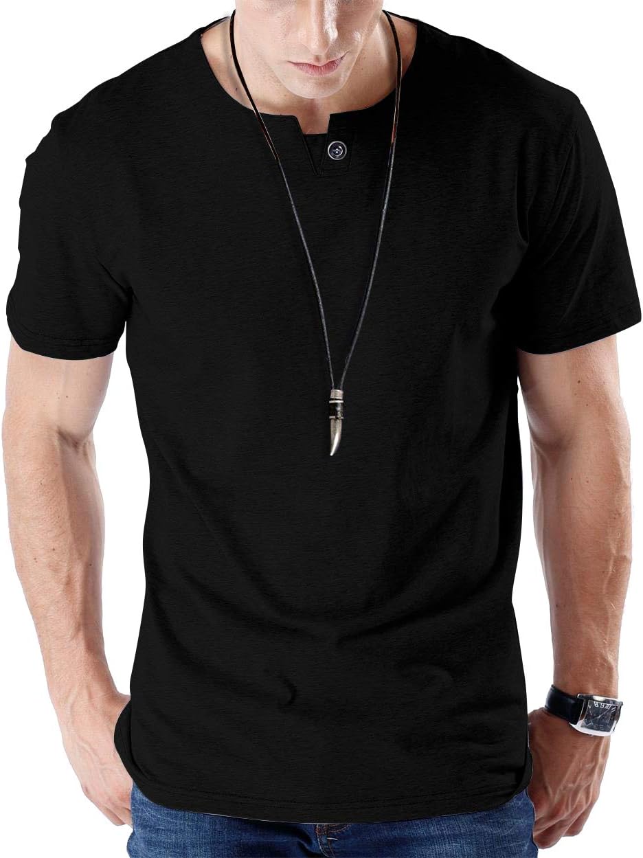 JNC 100% Cotton Mens Summer Casual Button Slim Fit Pure Color Short Sleeve Henley T-Shirts (Small, Black)