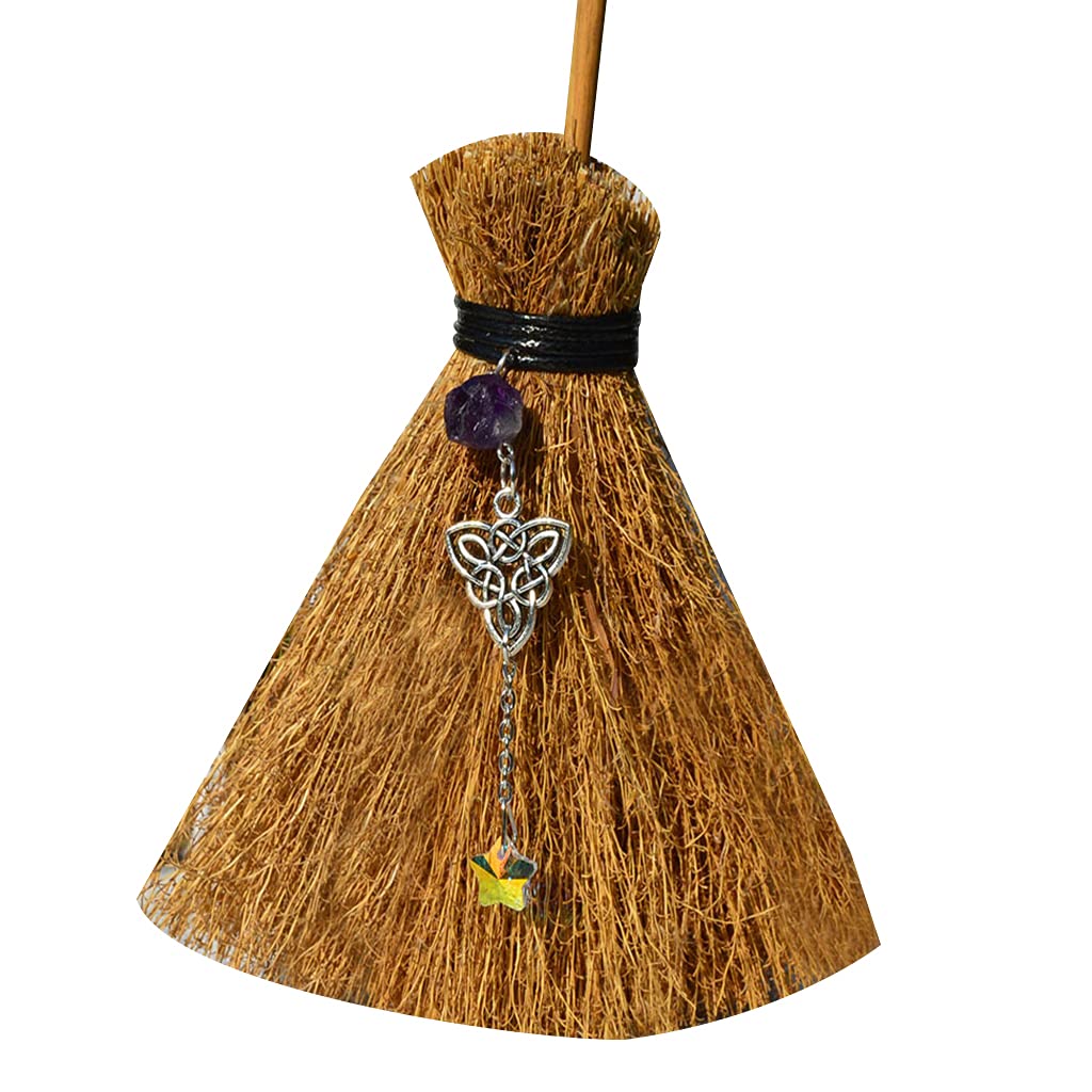 Kalttoy Halloween Decorations Broom Straw Witch Brooms with Hanging Crystal Pendant Ornament for Broom Halloween Decorations Straw Witch Brooms with Hanging Crystal Pendant