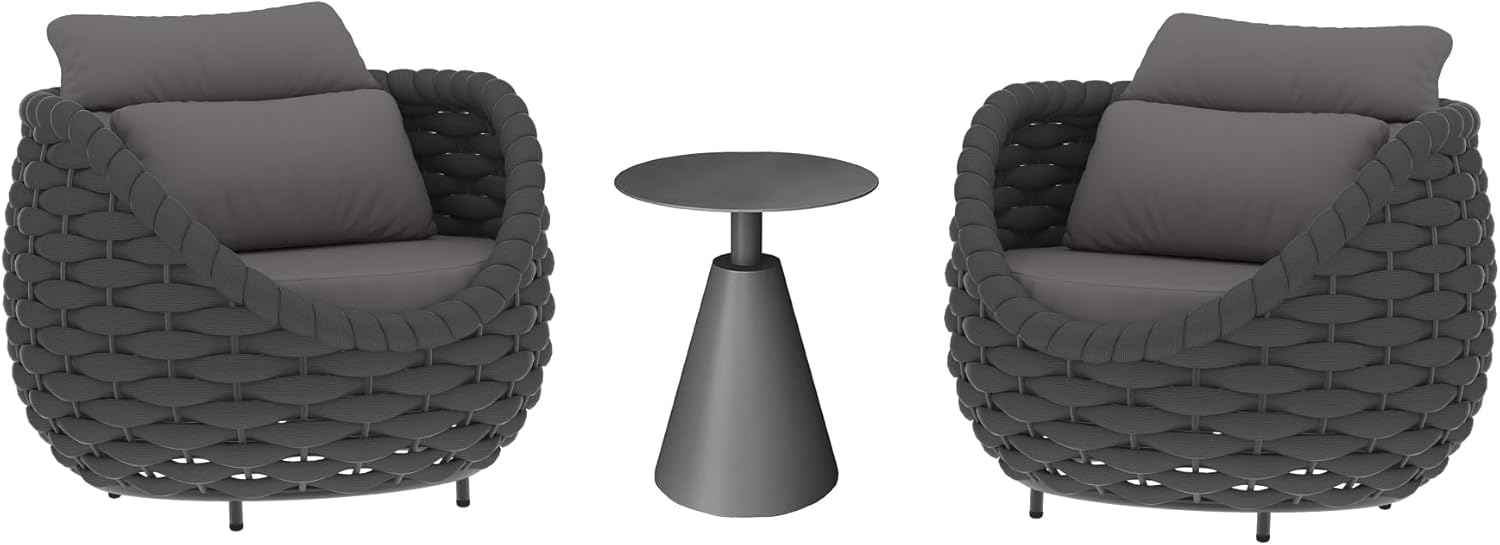 TWT Patio Sofa Set of 3, All-Weather Handwoven Rope Sofas with Round Table, Patio Couch Outdoor Furniture for Balcony, Backyard, Deck, Poolside or Indoor (Darkgrey Textilene Rope, Grey Table)