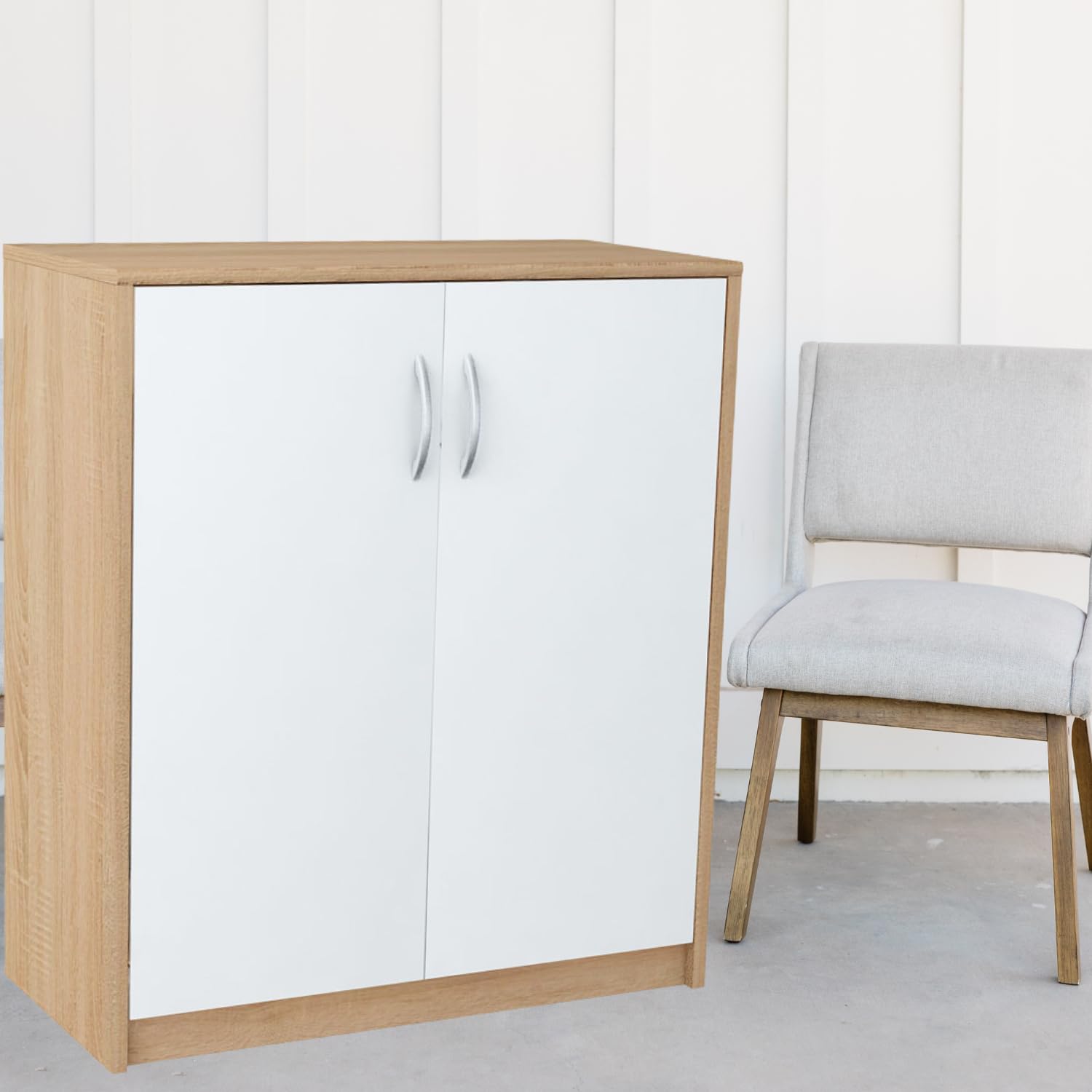 Meblando uniwersalna szafa 74 x 35 x 85 cm, szafa na ubrania biała i dąb, wielofunkcyjna szafa na akta lub meble do korytarza, komoda – 74 cm szerokości, wysoka jakość
