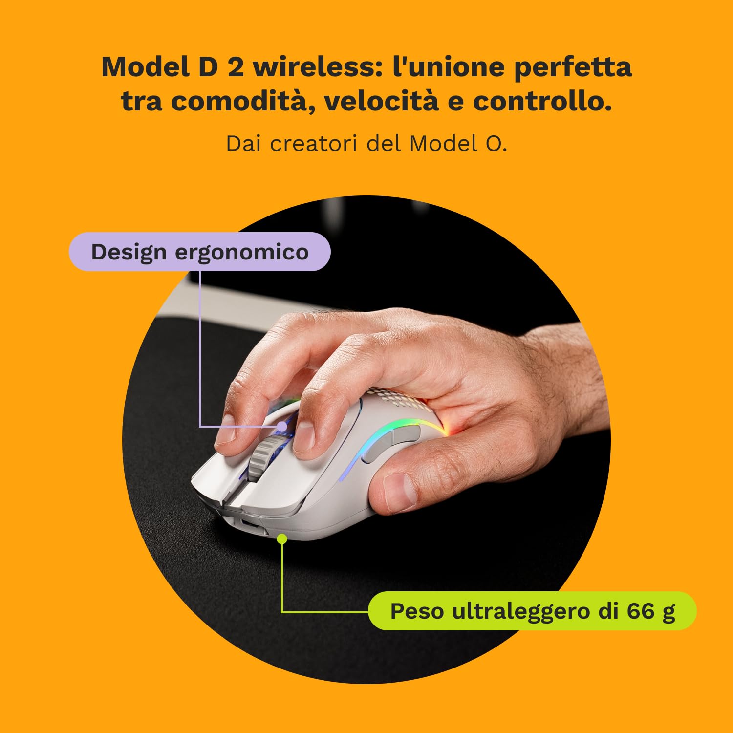 GLORIOUS Gaming Model D 2 Mouse da gaming senza fili - erg., superlegg. 66 g, durata batt. 210 h, sens. ottico 26.000, 6 tasti programm., ciclo vita 80 milioni clic, sparatutto, MMO, MOBA - Bianco