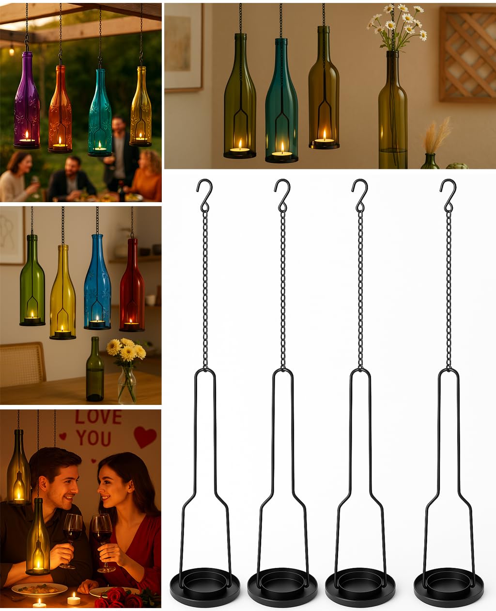 AceList 4-Pack Hanging Candle Holder for Cut Glass Bottles – Rustic Black Iron DIY Wine Bottle Lantern for Patio, Wedding, Halloween, Christmas Décor