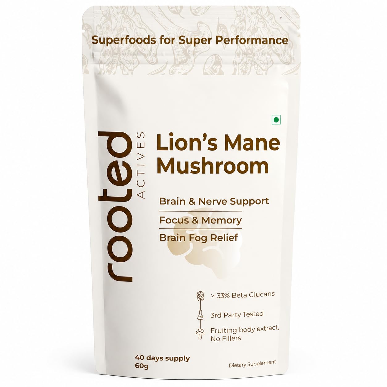 Rooted Actives Lion’s Mane Mushroom 60g | 33%+ Beta Glucans | 100% Fruiting Body Extract | Cognitive Support for Focus & Memory | Third Party Tested
