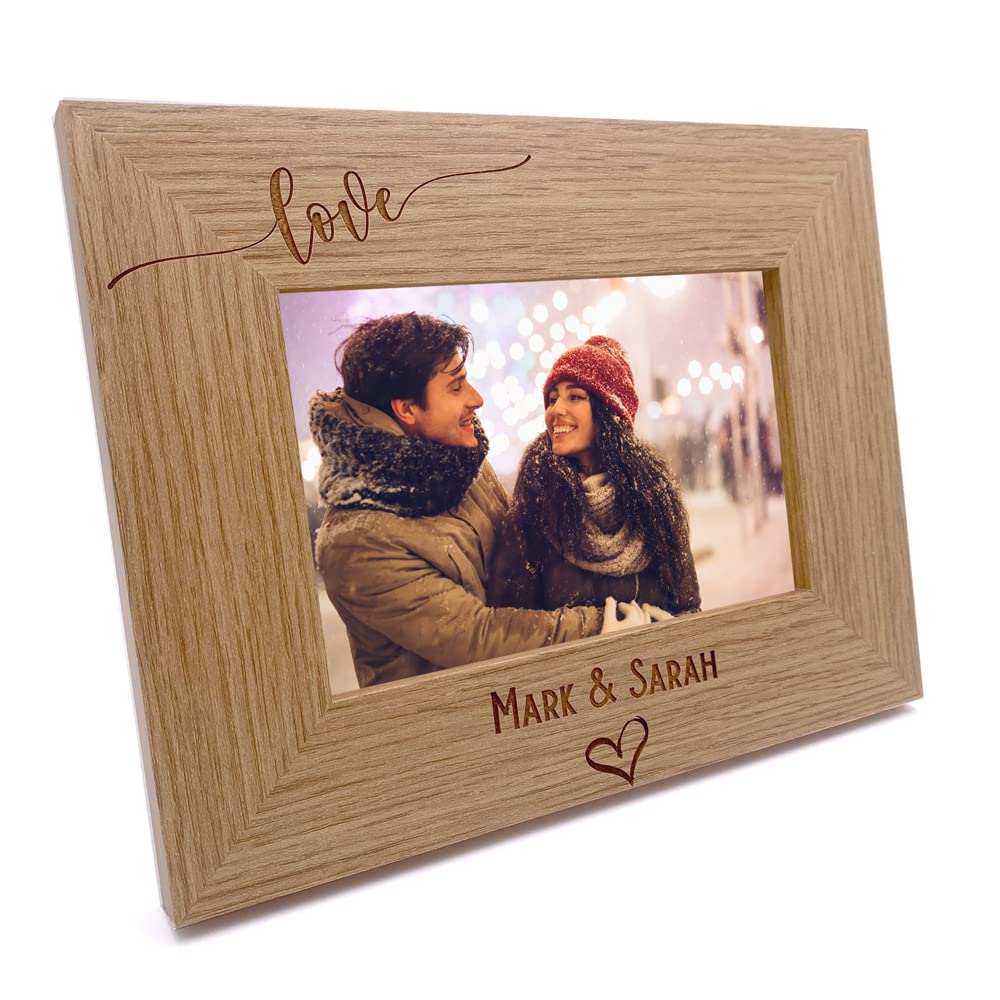 Personalised Love Photo Frame Gift Swish Heart Landscape Engraved Wooden (4 x 6 Inch) Brown