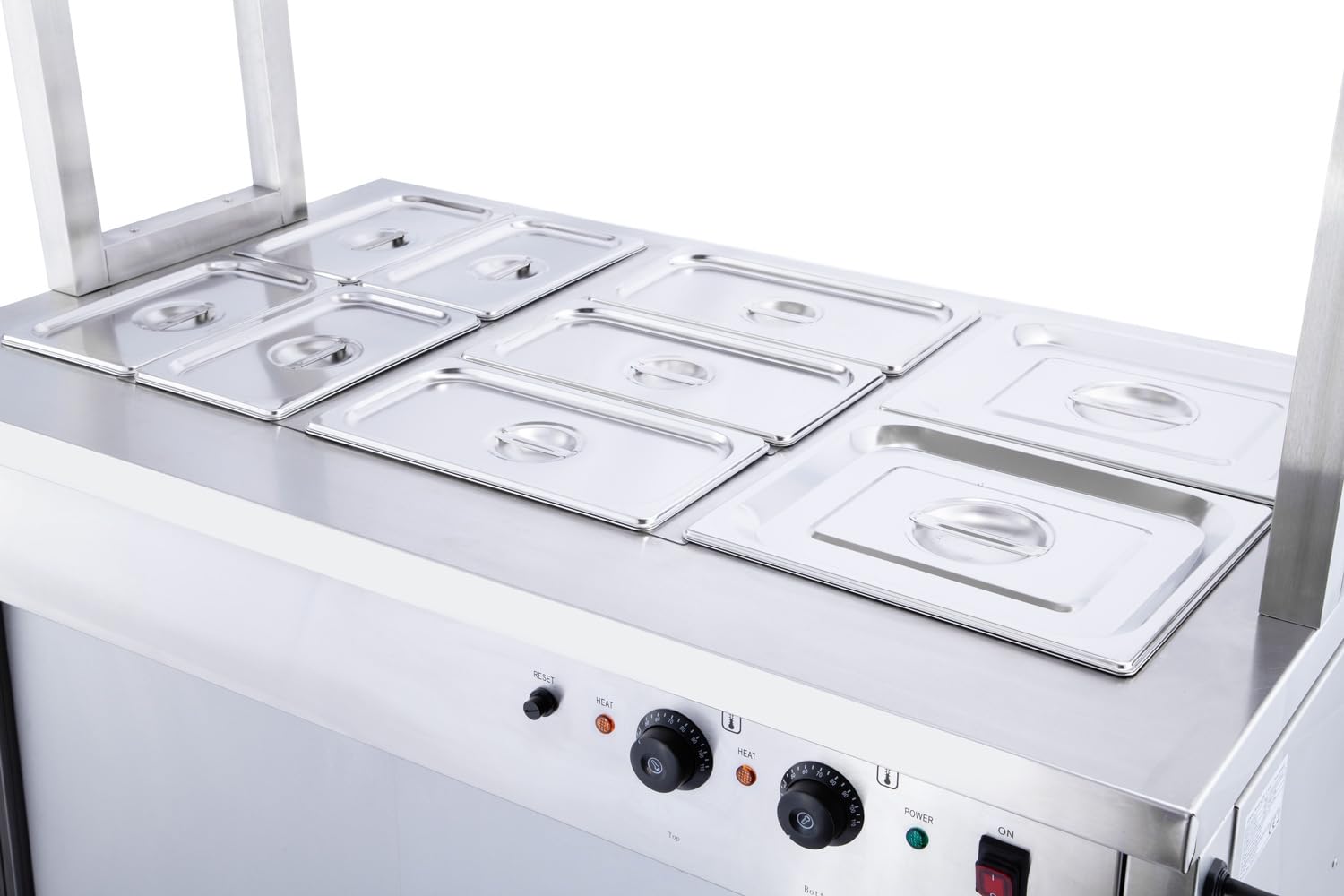 Armario móvil comercial para baño maría y caliente con pórtico calentado, estación de 150 cm de ancho, incluye 11 sartenes GN, calentador de catering de 240 V (enchufe británico)