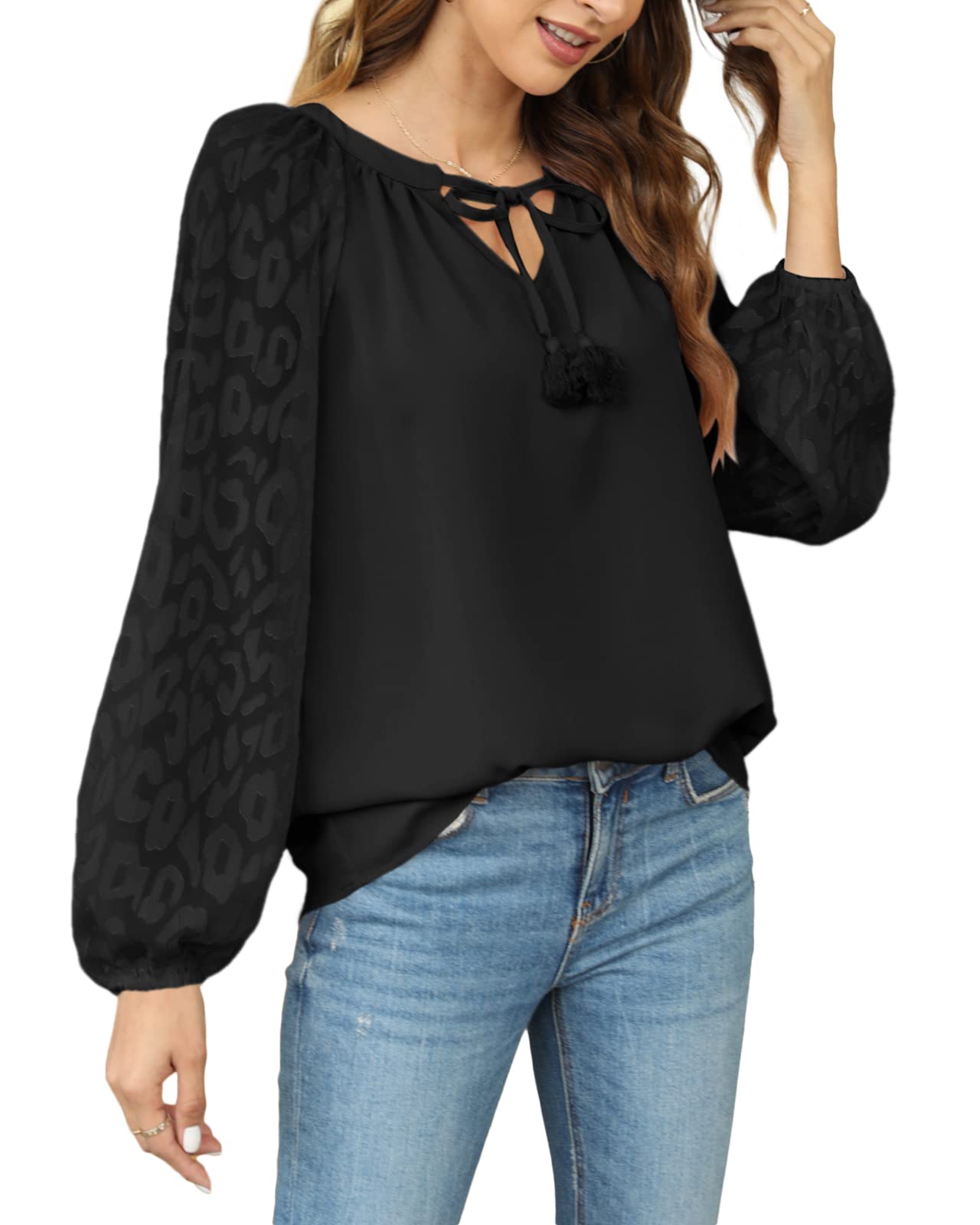 Ivay V Neck Long Sleeve Blouses for Women Chiffon Blouse Elegant Casual Lace Tops Dressy Flowy Loose Shirts