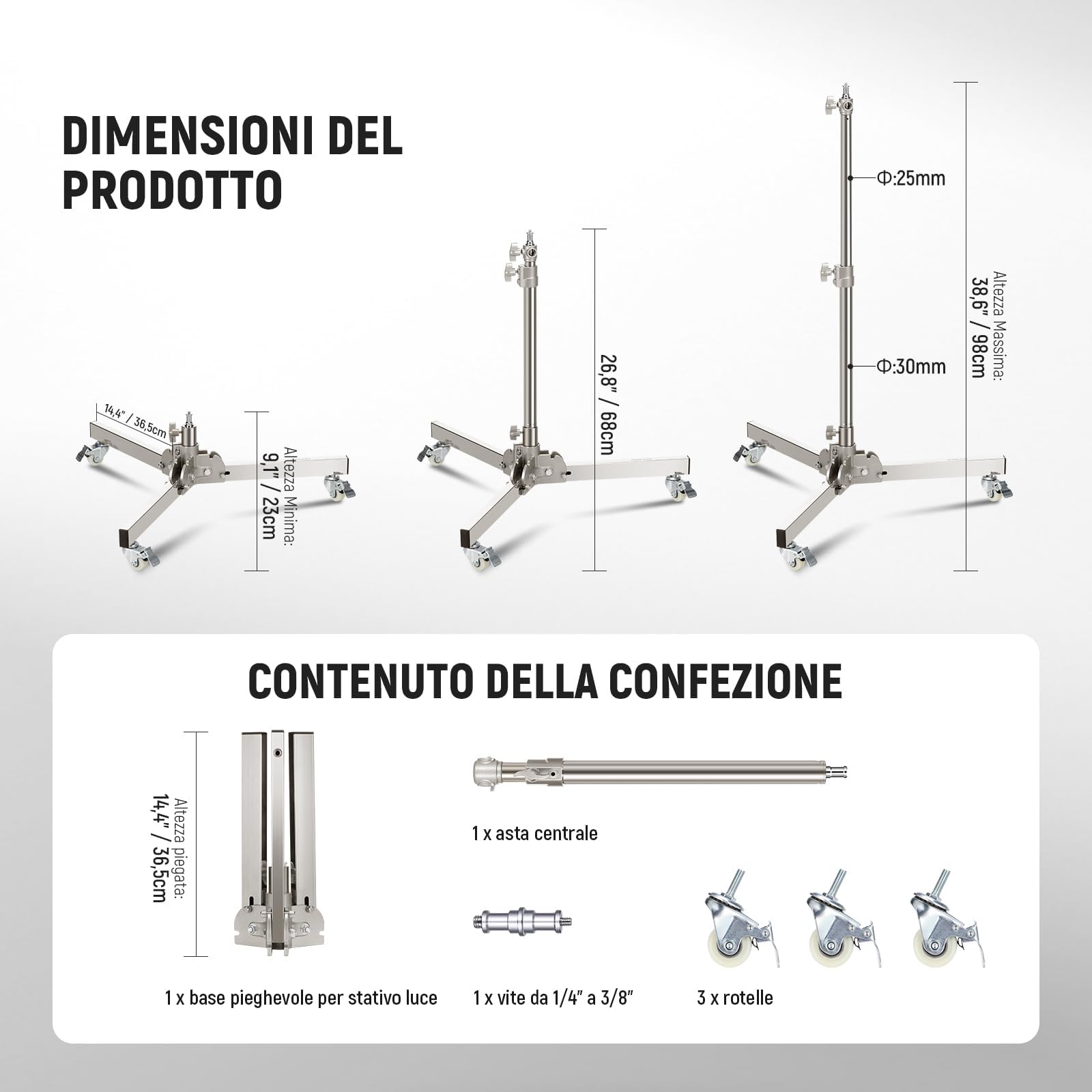 NEEWER Stativo Luce Resistente con Ruote, Altezza Max 98cm, Stativo Treppiede Pieghevole e Regolabile in Acciaio Inossidabile, Stativo Fotografico per Speedlight Softbox Monoluce, Carico 10kg, ST98SS