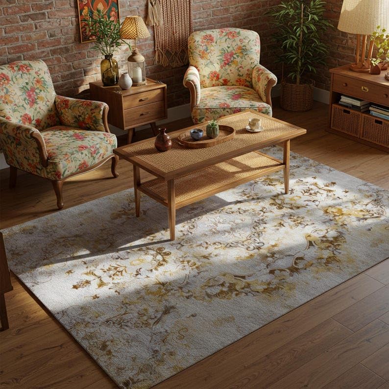 Tapis de salon vintage or et gris 180x250cm lavable