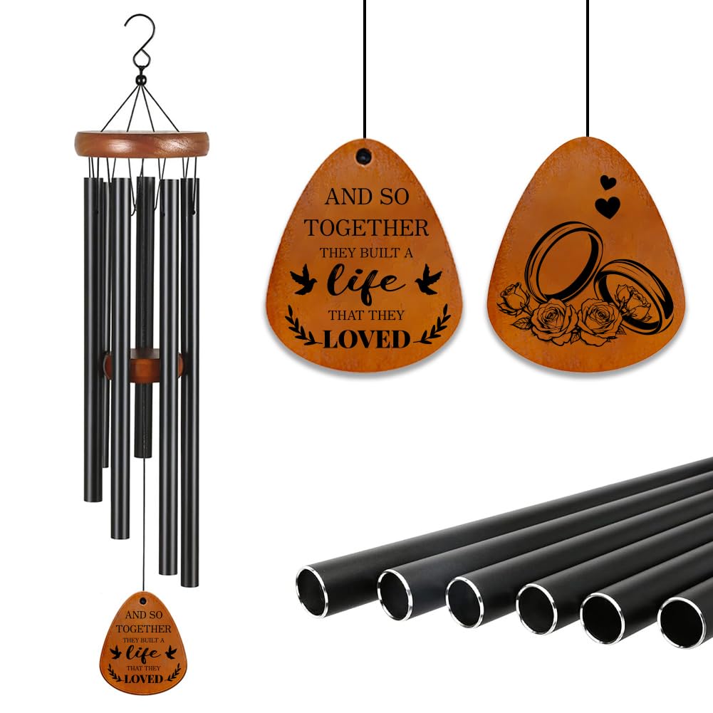 INFUNLY Metal Wind Chimes Wedding Rings Windchimes with Bell 11.8x6.3" Wind Chimes with Blessing Text Memorial Windchimes for Engagement Gift Hanging Wind Bell Gifts for Couple Bride Shower Engagement