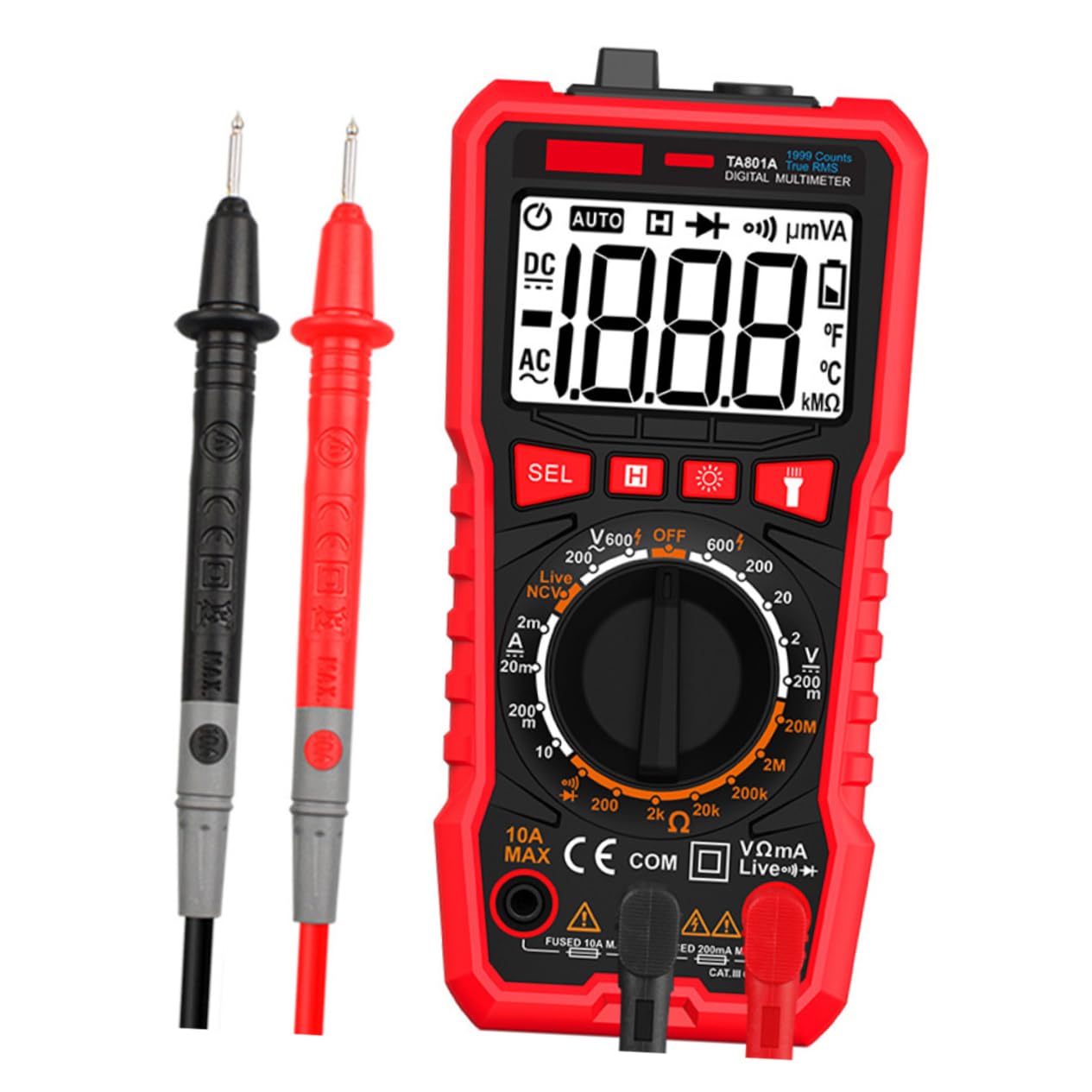 ARTIBETTER Digital Multimeter Volt Tester Handheld with Flashlight Skid Design Measures Voltage Resistance for Automotive Electrical