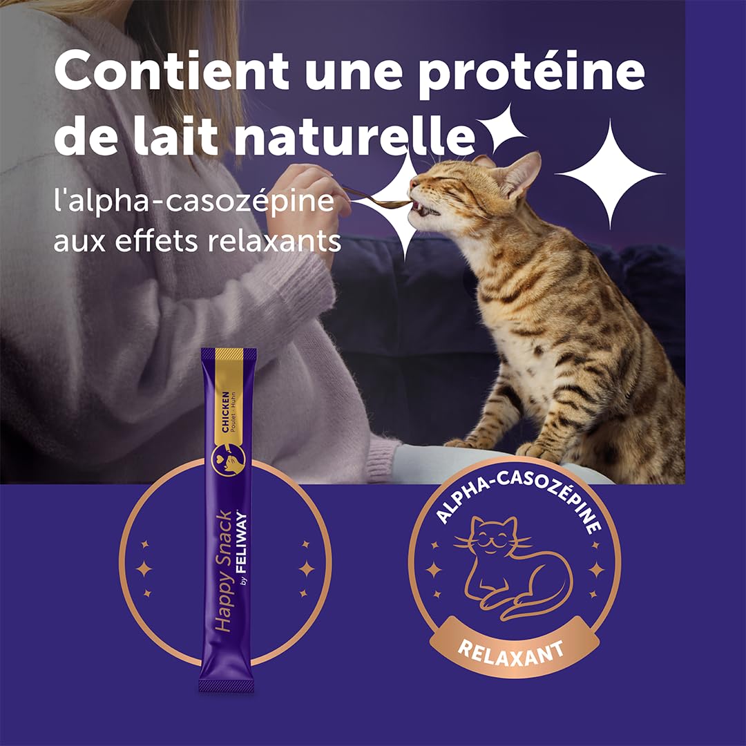 Happy Snack by FELIWAY - Pack de 5 boits - Friandise Onctueuse Relaxante pour Chat - Appréciée par 86% des Chats - sans Somnolence - Au Poulet - 30 Sticks de 15g