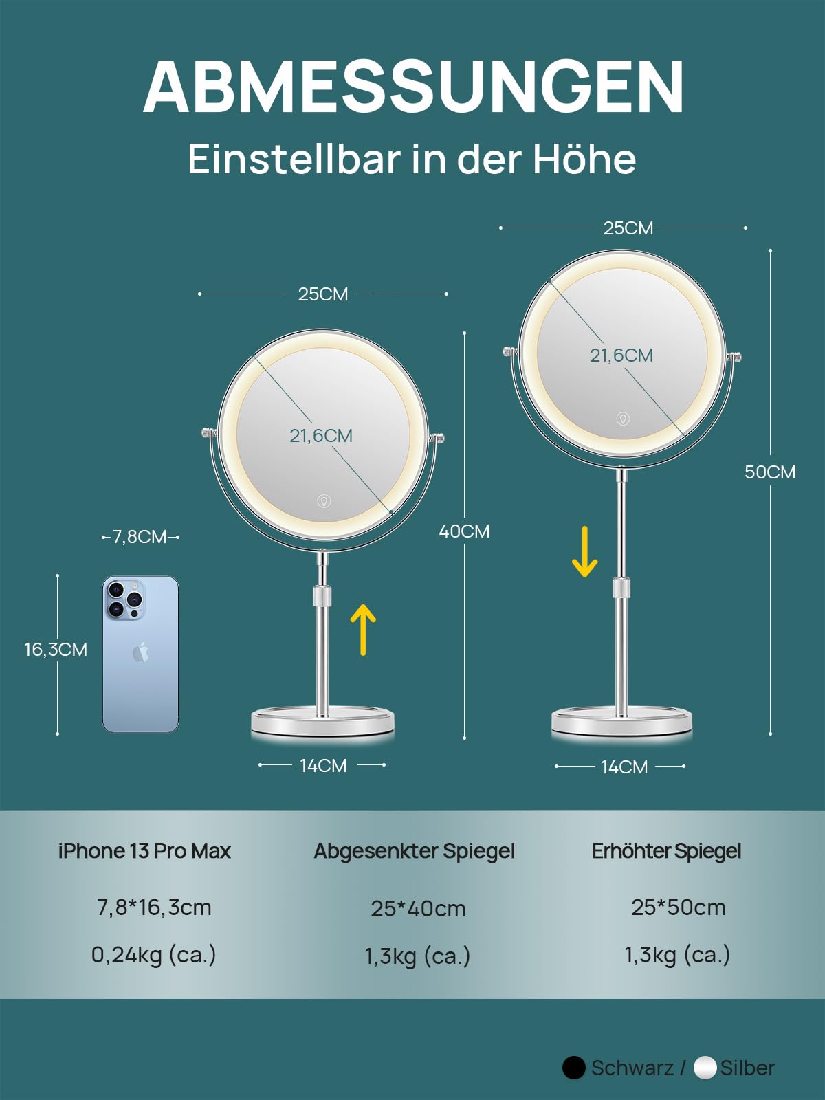 OMIRO 1X/10X Vergrößerungs Make-up Spiegel mit Lichtern, 21 cm Doppelseitiger Schwenkbarer Kosmetikspiegel mit Höhenverstellbarem Ständer (Silber)