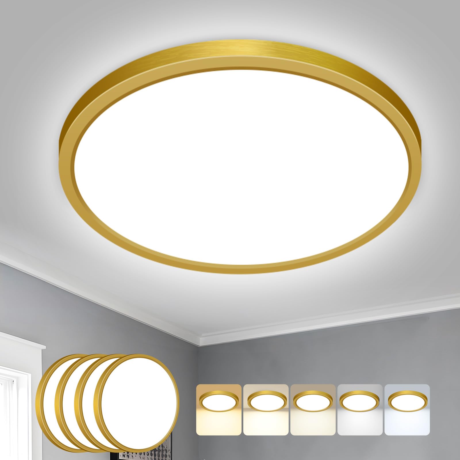 Peasur 4Stück Deckenlampe LED Deckenleuchte Flach,5Farben-3000/3500/4000/5000/6500K,IP54 Wasserfest Badezimmer Lampe Decke,18W Modern Rund Lampe für bad flur schlafzimmer Wohnzimmer,22 * 1.8cm,Golden