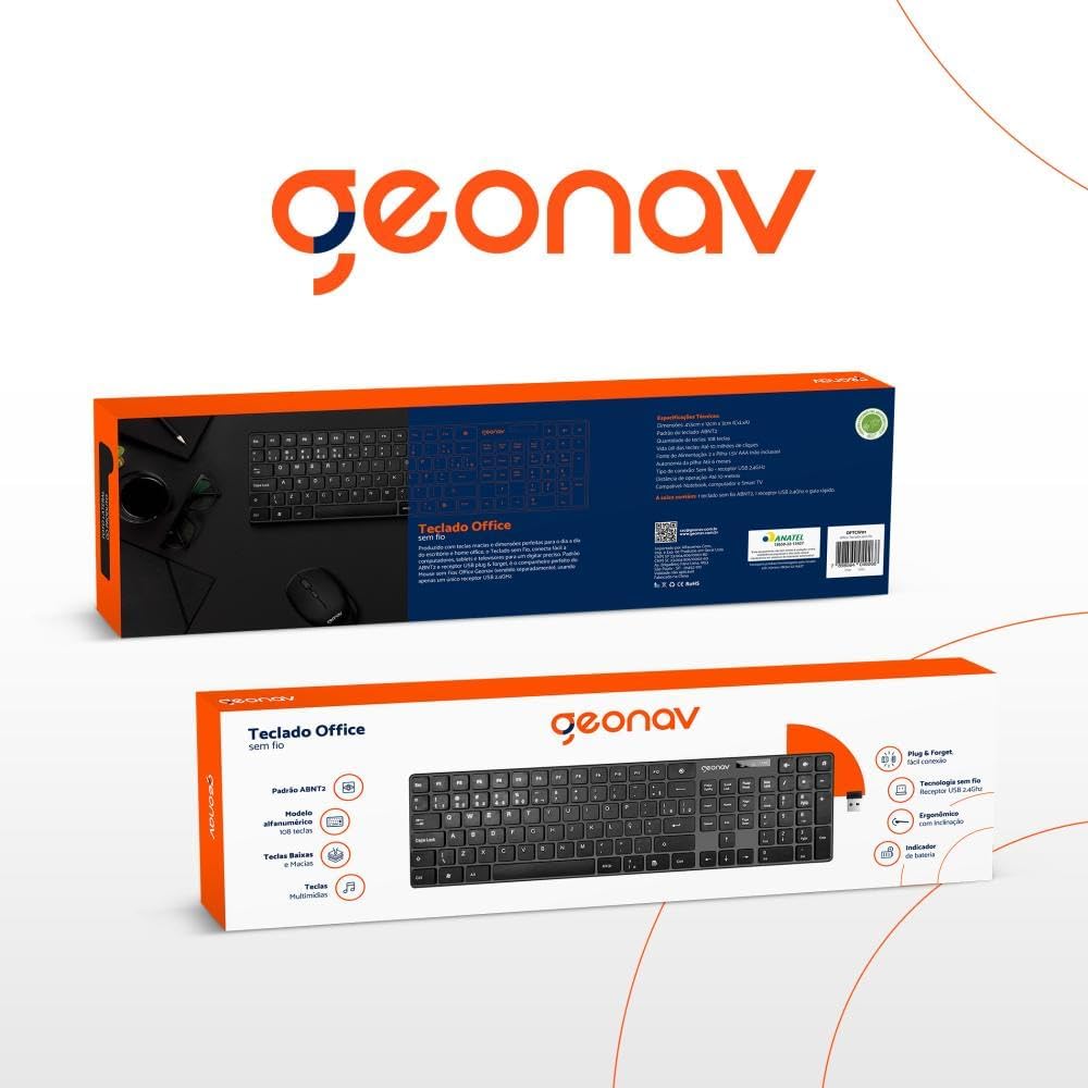 Geonav Teclado sem fio, 108 teclas, Alfanúmerico, Padrão ABNT2, Teclas baixas e macias, Ergonômico com inclinação, Indicador de bateria, OFTCW01, Preto