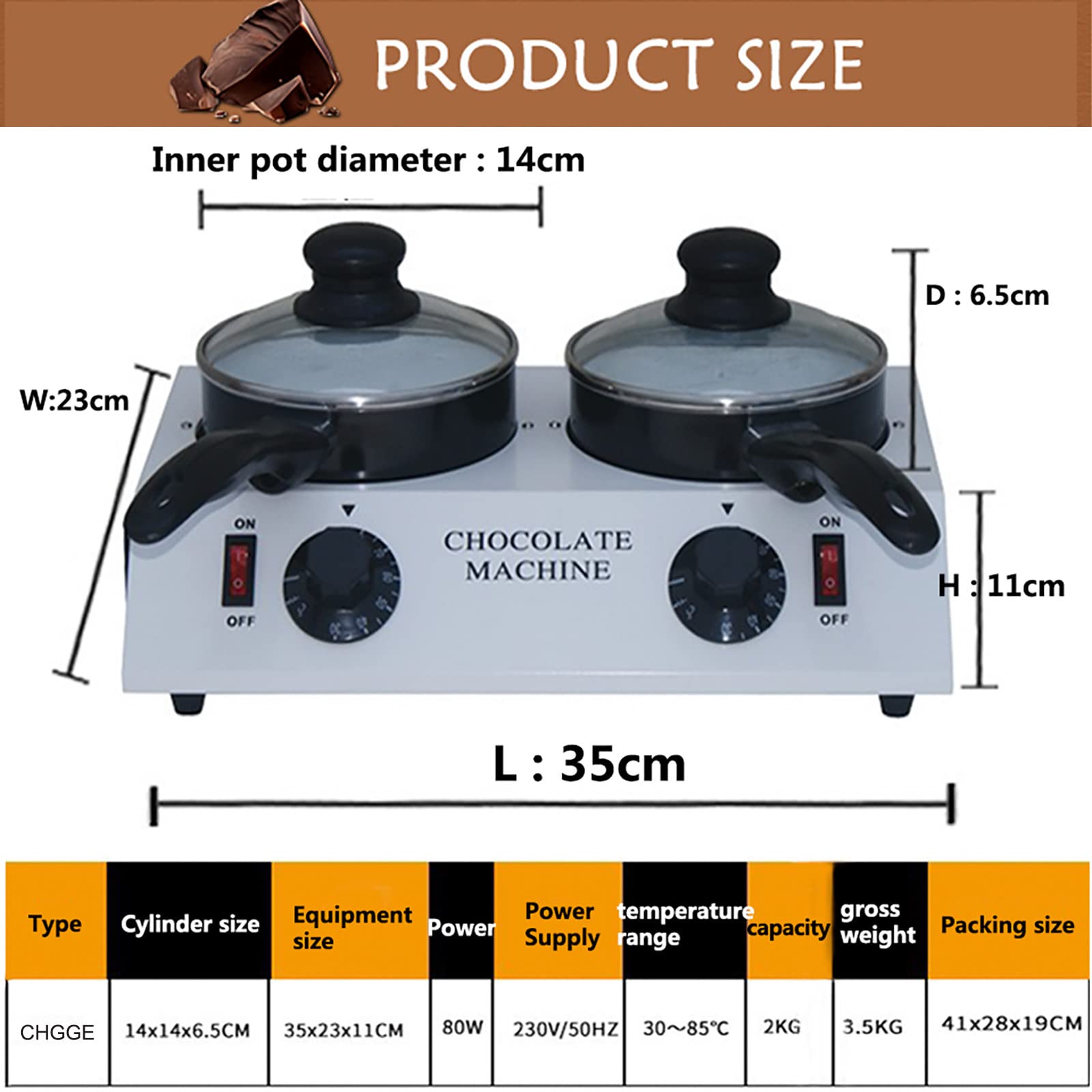 Scioglitore per Cioccolato A 2 Pentole, Intervallo di Temperatura 30-85 ℃, Set per Fonduta Riscaldante per Cioccolato da 40 W, Dessert al Cioccolato Fai-da-Te, capacità 2 kg