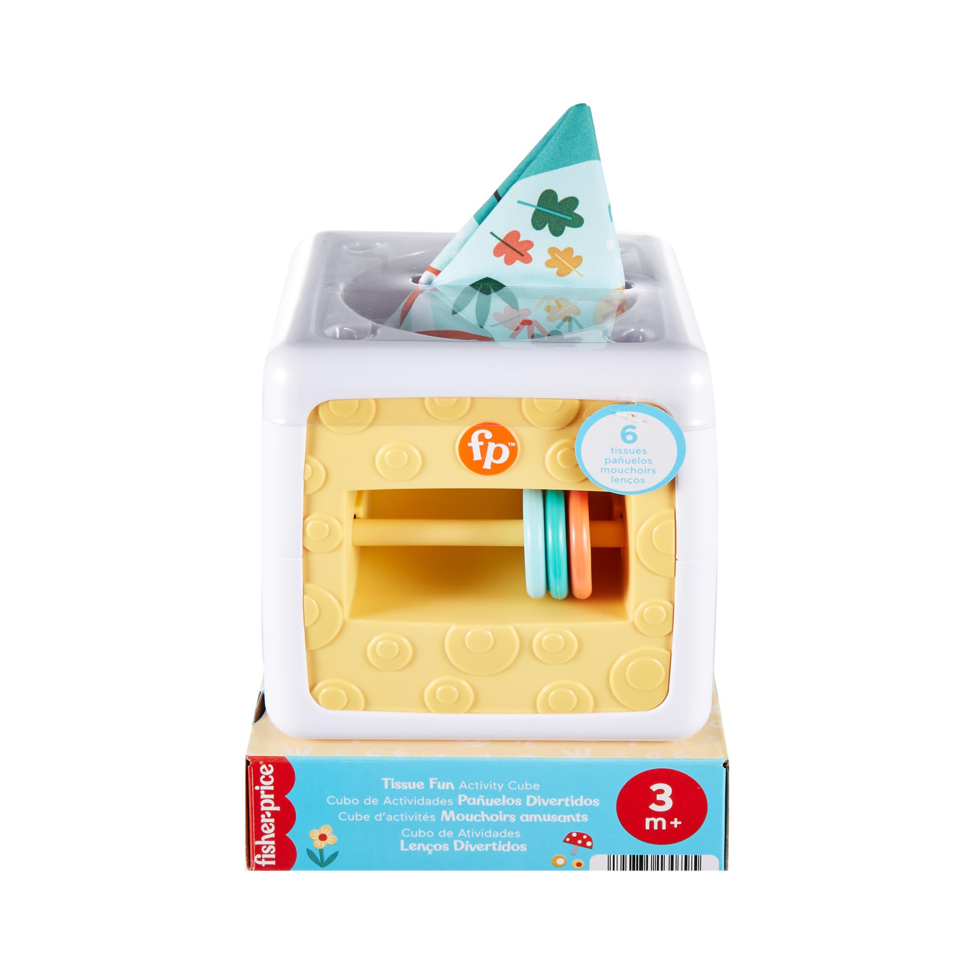 Fisher-Price - Cubetto Baby attività, Scatola di fazzoletti in Tessuto per Il Gioco sensoriale, Include 2 Tessuti Morbidi e 4 Pannelli per attività, Giocattolo per Bambini, 3+ Mesi, HML64