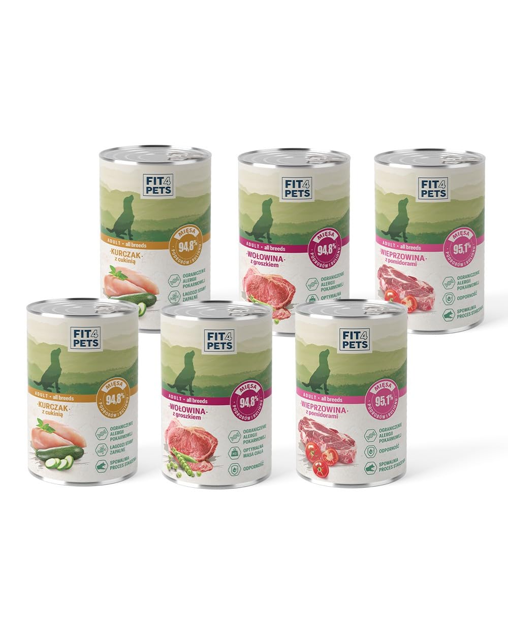 Fit4Pets Karma dla psów dorosłych, Mix smaków: Wołowina, Kurczak, Wieprzowina, Mokra, Pełnoporcjowa, 6 x 400g, Z olejem z czarnuszki i nasionami Chia