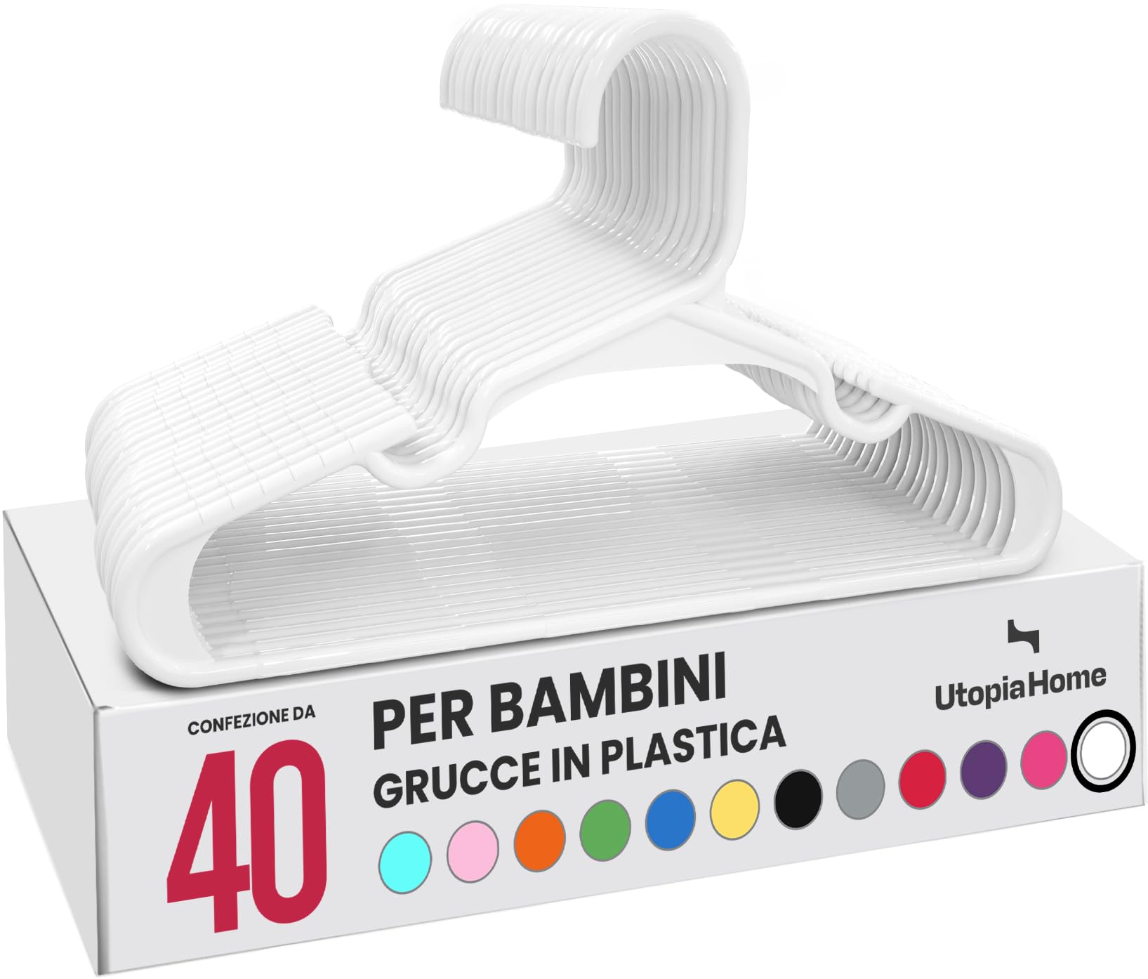 Utopia Home Grucce bambini Pack di 40 sottili salvaspazio, Bianco | Grucce in plastica per neonati, adatte per vestiti per bambini e neonati, delicati sui capi delicati